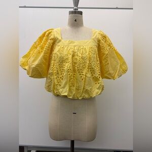 Amaaya Yellow Eyelet Puff Sleeve Top - Medium